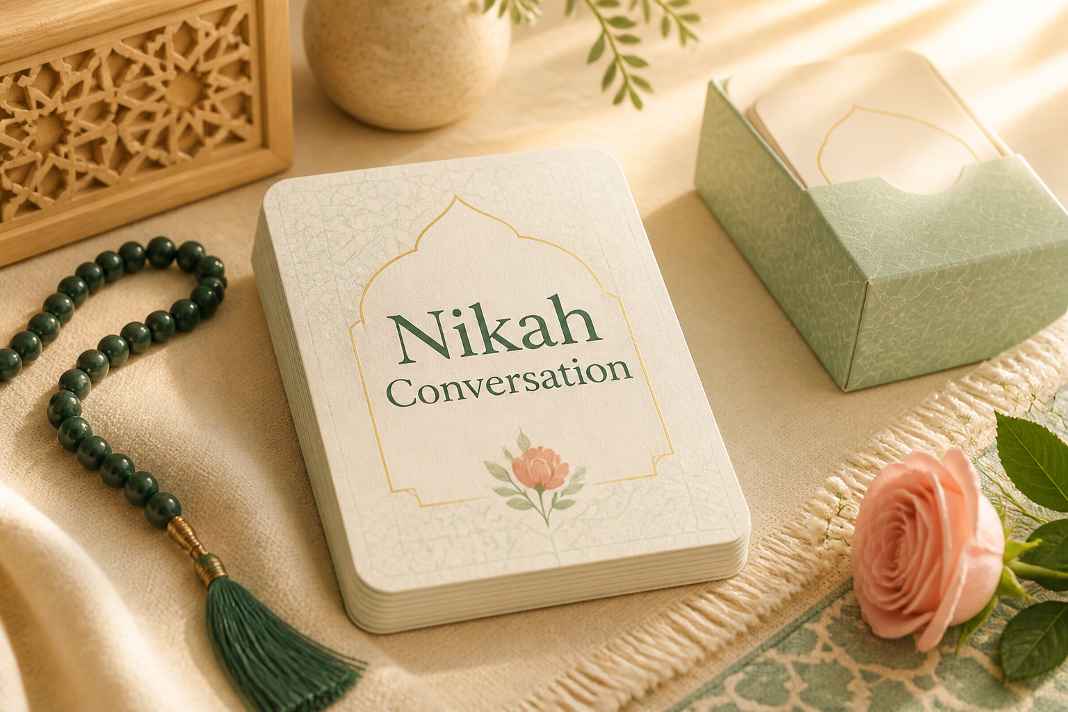 Nikah Conversation cards on a warm tabletop